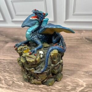 Vintage 1999 W.U.I. Blue Dragon Trinket Treasure Box Figurine 5 Inch Blue Resin